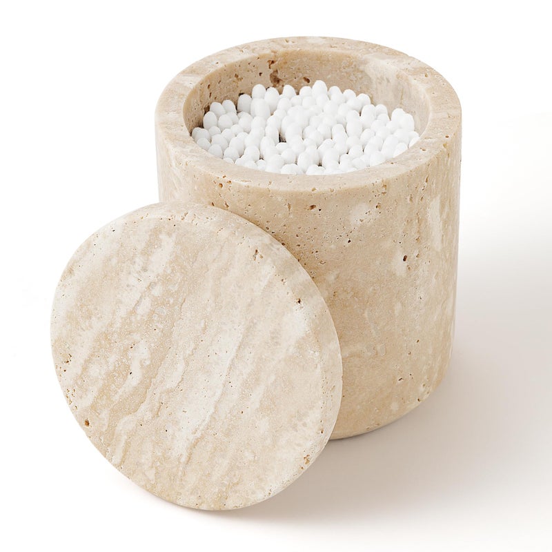WORHE Travertine Qtip Holder Dispenser with Lid for Cotton Swabs Balls Pads Floss Picks Large Capacity Marble Apothecary Jar for Bathroom Essentials Decor  Vanity Makeup Storage Organizer Beige(WH050) - Image 1
